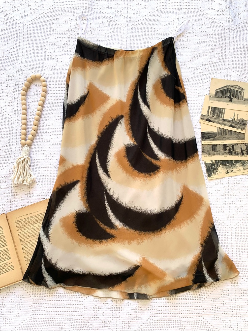 Vintage Abstract Print Maxi Skirt / Vintage Brown & Cream Flowy Skirt